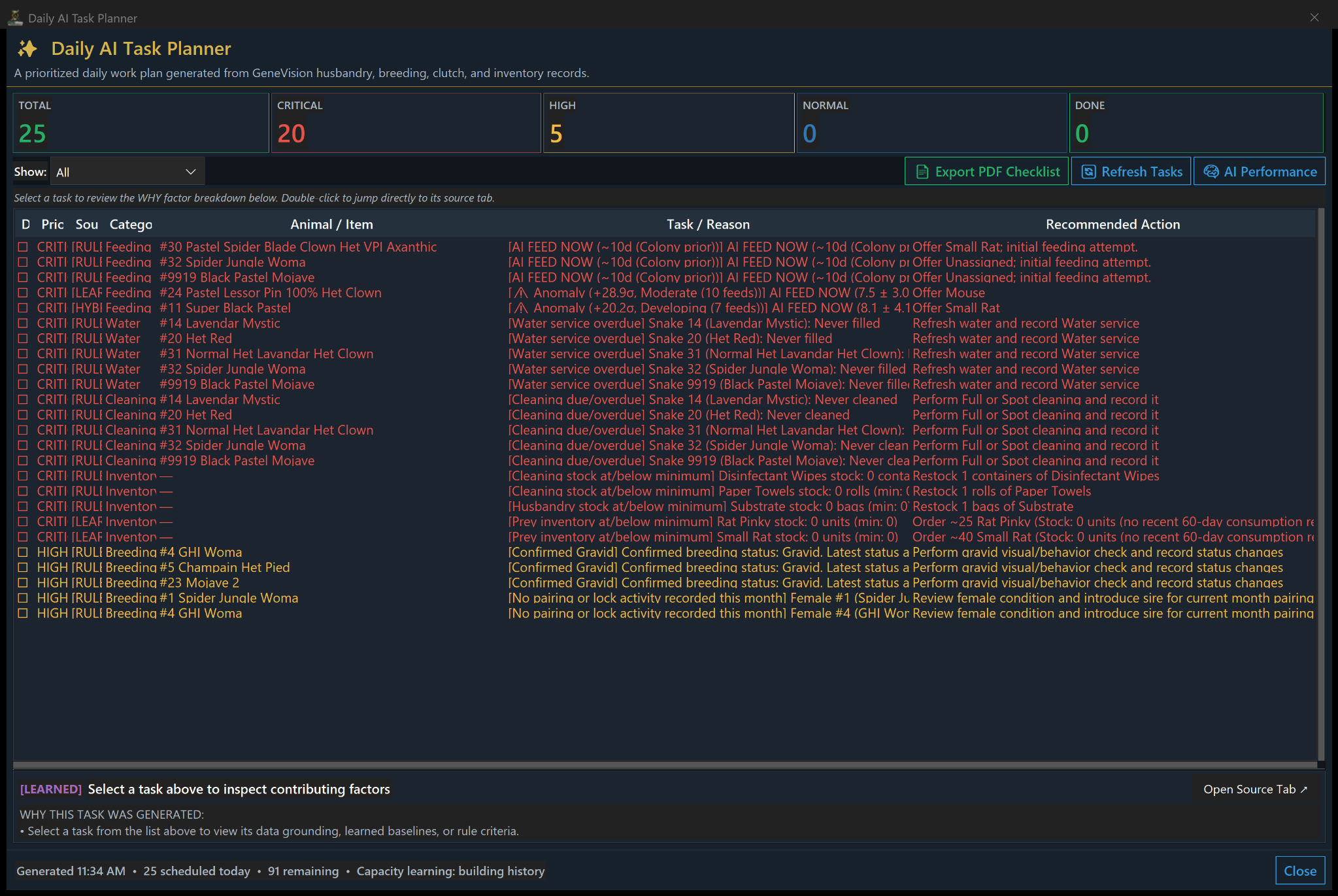GeneVision Keeper Daily AI Task Planner showing prioritized husbandry actions